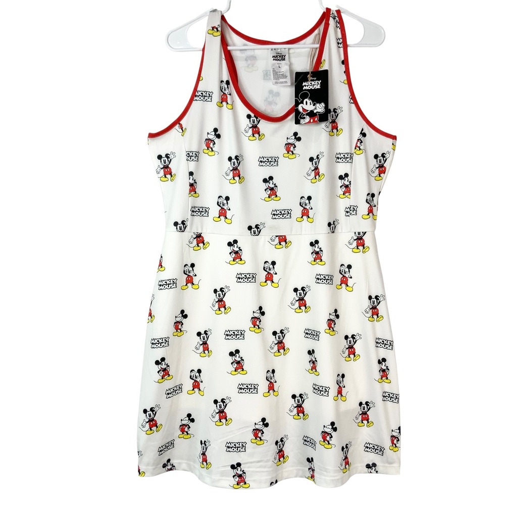 Disney White Mickey Mouse Print Mini Dress with Red Trim